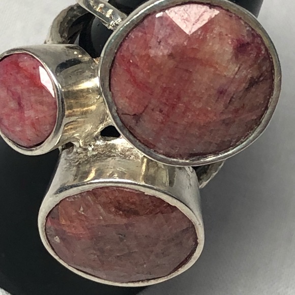 925 Silver Rhodochrosite Ring Natural Pink Round Gemstone Triple Band Sz 7 - Picture 3 of 15
